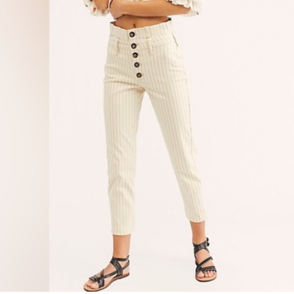 Free People Cream Striped Montella High-Rise Paperbag Pinstripe Jeans